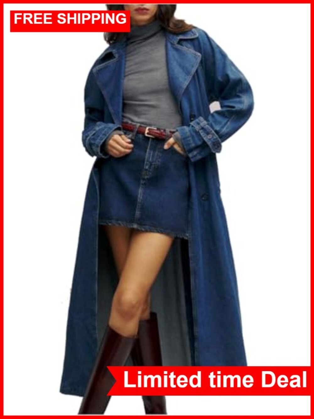 Denim Trench Coat Midi Overcoat Classic Lapel Long Jacket
